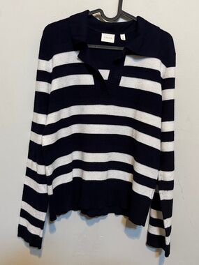 Cyrus Navy and White Striped V-Neck Sweater